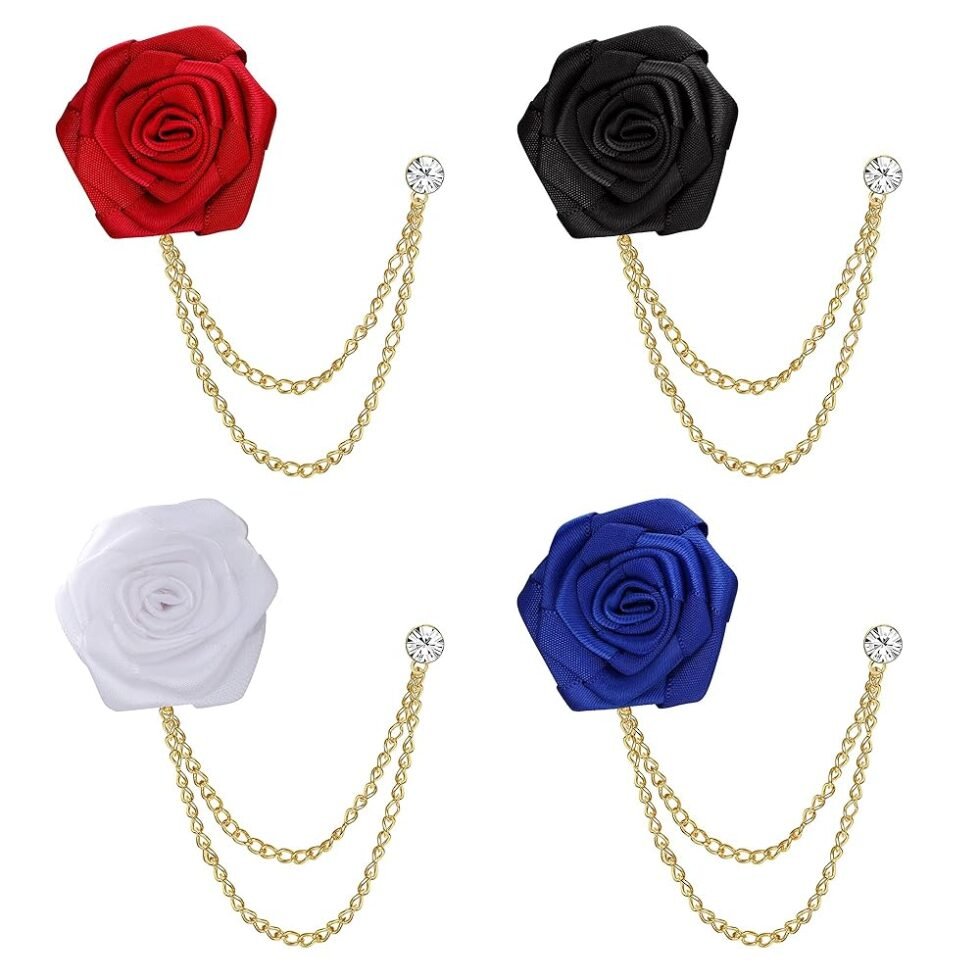 LOLIAS 4PCS Brooch Lapel Pin for Men with Hanging Chain,Brooch Suit Stud,Handmade Rose Flower Pins for Groom Wedding Prom Tassel Chain Brooch Pins Men's Suit Accessories