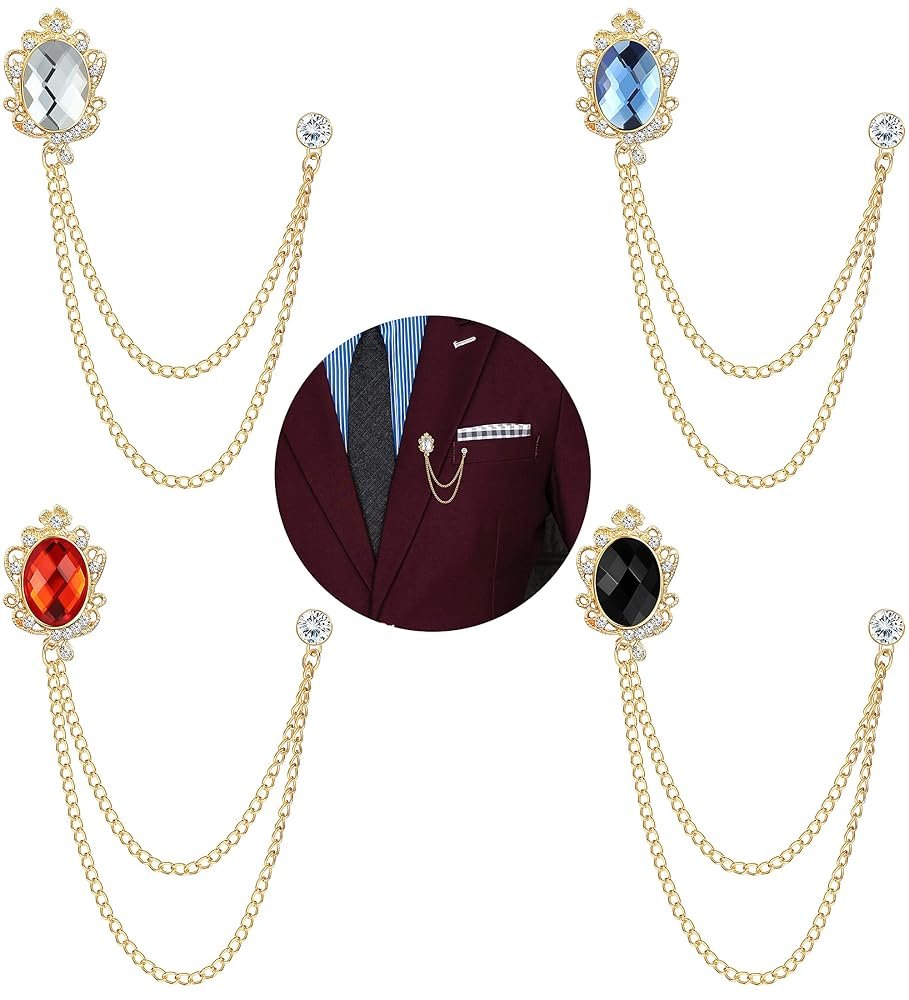LOLIAS 4PCS Gem Brooch Lapel Pin Chain for Men Suit Tassel Collar Chains for Shirts Badge Hanging Chains Tuxedo Accessories Colorful Hat Scarf Tie Pins for Women Men Father's...