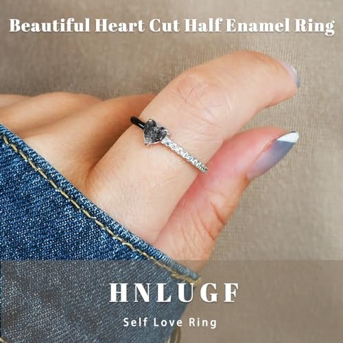 Love Me Until I'M Me Again Black Heart-Cut Half Enamel Ring, Black Heart Self-Love Ring, Jewelry Birthday Gifts for Women, Daughter, Wife, Friends