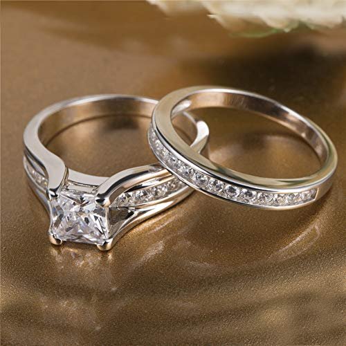 MABELLA 925 Sterling Silver Cubic Zirconia Princess Cut Women's Wedding Engagement Bridal Ring Set