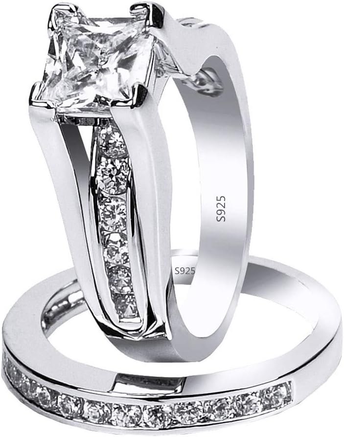 MABELLA 925 Sterling Silver Cubic Zirconia Princess Cut Women's Wedding Engagement Bridal Ring Set