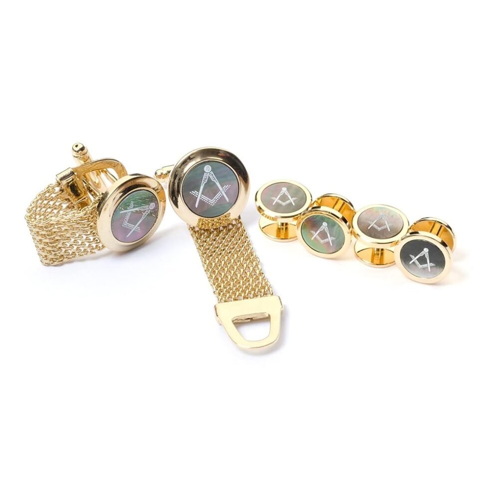 Masonic Freimaurer Onyx Manschettenknöpfe & Kleid Shirt Ohrstecker, Cufflink Box