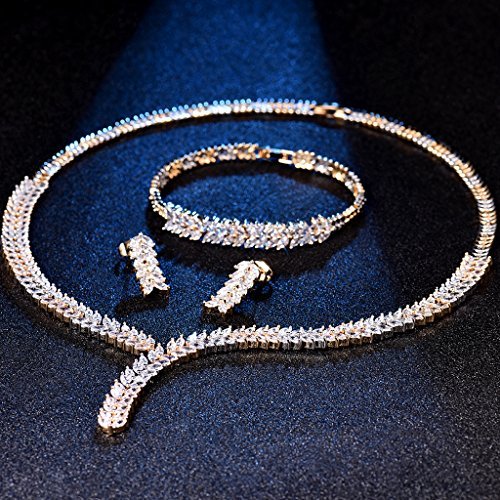 MASOP Luxury Marquise Cluster Leaf Shape Crystal Jewelry Set for Women Bracelets/Earrings/Necklace Gold