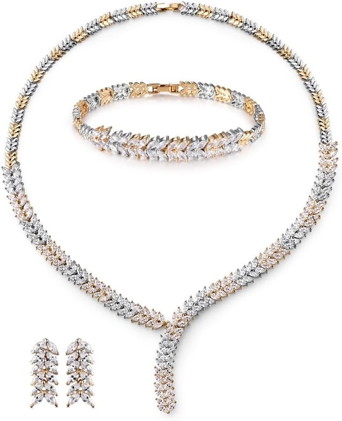 MASOP Luxury Marquise Cluster Leaf Shape Crystal Jewelry Set for Women Bracelets/Earrings/Necklace Gold