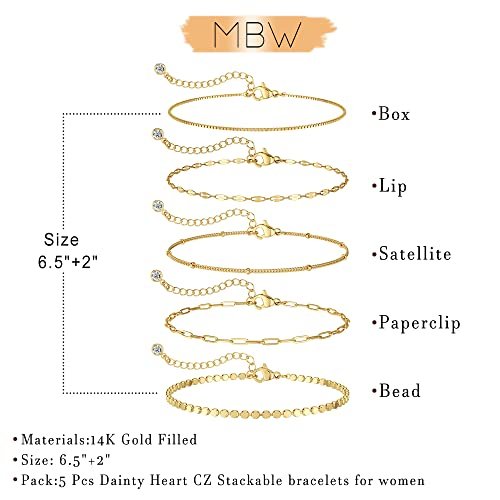 MBW Gold Bracelets for Women, 14K Dainty Gold Plated Stackable Bracelets for Women Trendy Gold Bracelet Stack Set Waterproof Chain Bracelets Paperclip Adjustable Tennis...