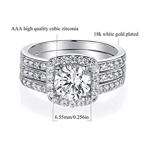 MDFUN 18K White Gold Plated Cubic Zirconia Three-in-One Halo Wedding Engagement Promise Eternity Ring for Women