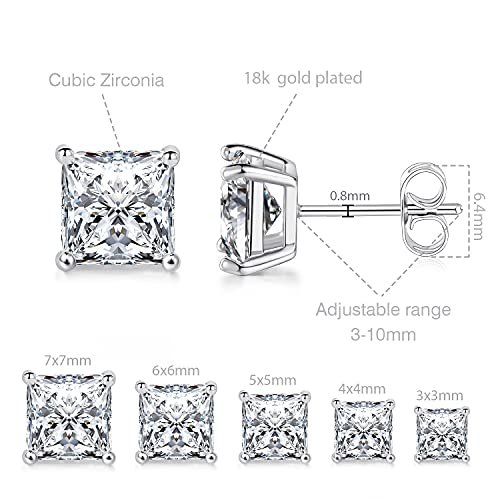 MDFUN 18K White Gold/Yellow Gold/Rose Gold Plated Princess Cut Square Clear Cubic Zirconia Stud Earring Pack of 5 Pairs