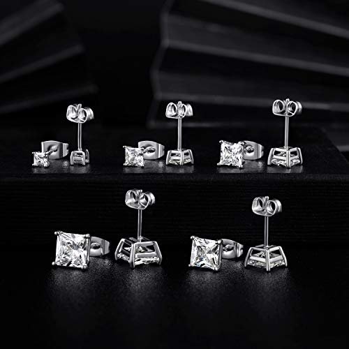 MDFUN 18K White Gold/Yellow Gold/Rose Gold Plated Princess Cut Square Clear Cubic Zirconia Stud Earring Pack of 5 Pairs