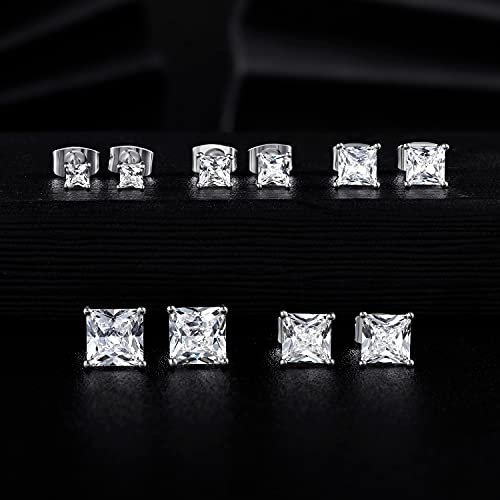 MDFUN 18K White Gold/Yellow Gold/Rose Gold Plated Princess Cut Square Clear Cubic Zirconia Stud Earring Pack of 5 Pairs