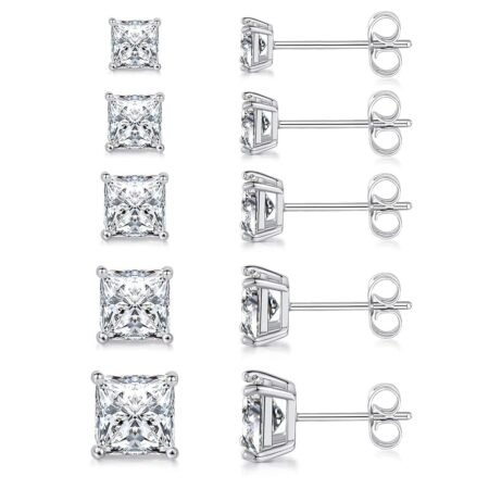 MDFUN 18K White Gold/Yellow Gold/Rose Gold Plated Princess Cut Square Clear Cubic Zirconia Stud Earring Pack of 5 Pairs