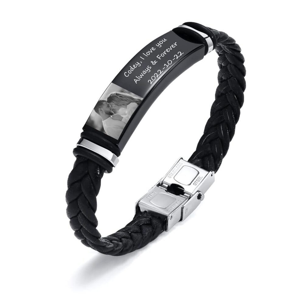 MEALGUET Personalized Leather Bracelet for Men : Valentines Day Gift for Men,Braided Leather Engraved Name ID Wristband Gift for Boyfriend,Husband,Dad, Customized Gift,...