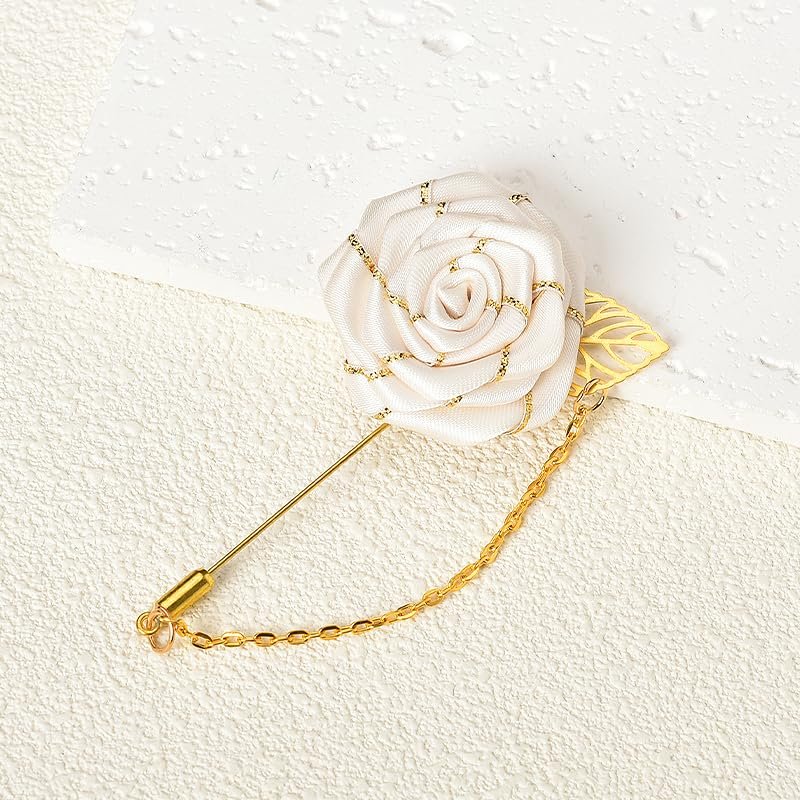 Men Cloth Rose Flower with Gold Leaf Brooch Lapel Pin for Men Suits Rose Flower Brooch Pin Bridegroom Wedding Brooches White Flower Pin for Men Suit Tassel Chain Brooch Rose...