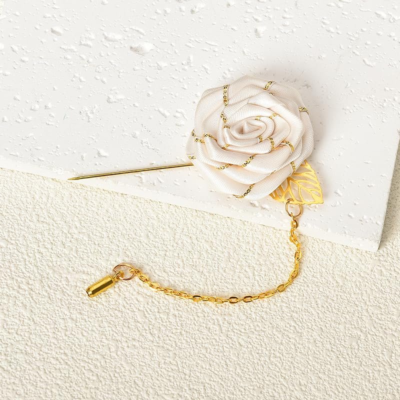 Men Cloth Rose Flower with Gold Leaf Brooch Lapel Pin for Men Suits Rose Flower Brooch Pin Bridegroom Wedding Brooches White Flower Pin for Men Suit Tassel Chain Brooch Rose...