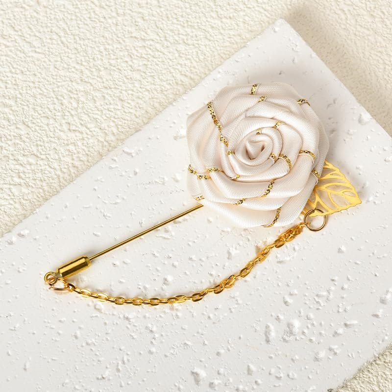 Men Cloth Rose Flower with Gold Leaf Brooch Lapel Pin for Men Suits Rose Flower Brooch Pin Bridegroom Wedding Brooches White Flower Pin for Men Suit Tassel Chain Brooch Rose...