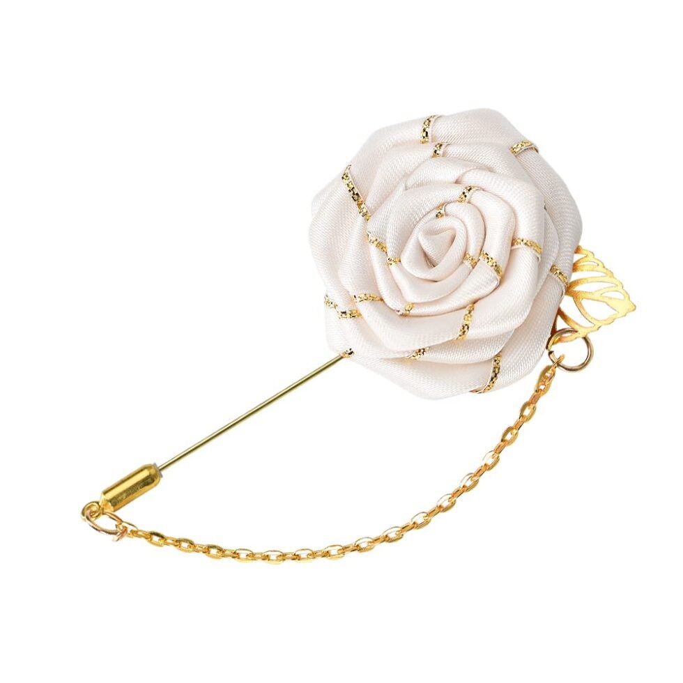 Men Cloth Rose Flower with Gold Leaf Brooch Lapel Pin for Men Suits Rose Flower Brooch Pin Bridegroom Wedding Brooches White Flower Pin for Men Suit Tassel Chain Brooch Rose...