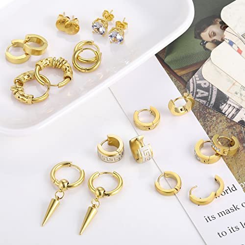 Men Earrings, Funtopia 11 Pairs Stainless Steel Small Hoop Earrings Cross Dangle Earrings Set, Fashion Huggie Earrings Piercing Jewelry for Party Birthday