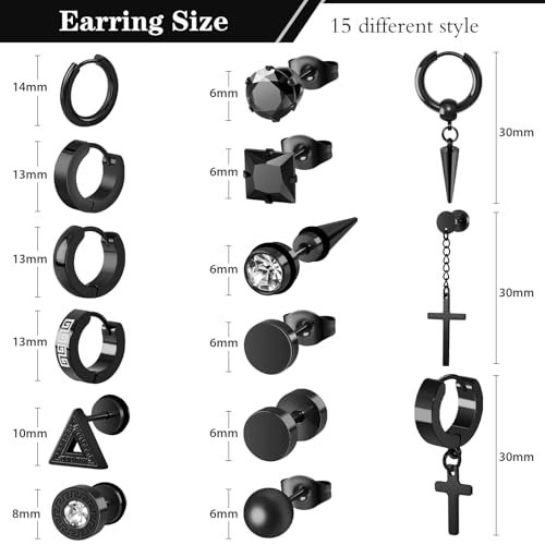 Men Earrings Set of 15, Black Earrings for Men Stainless Steel Set Hypoallergenic Cross Dangle Hinged Earrings Set Gifts for Men Women Fashion Jewelry Fathers Day Gift