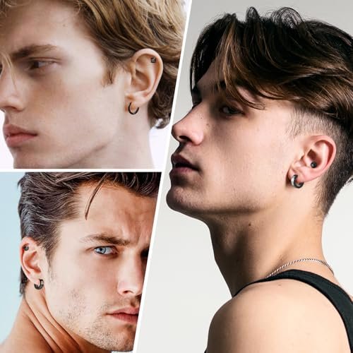 Men Earrings Set of 15, Black Earrings for Men Stainless Steel Set Hypoallergenic Cross Dangle Hinged Earrings Set Gifts for Men Women Fashion Jewelry Fathers Day Gift