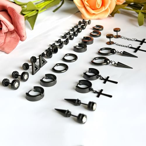 Men Earrings Set of 15, Black Earrings for Men Stainless Steel Set Hypoallergenic Cross Dangle Hinged Earrings Set Gifts for Men Women Fashion Jewelry Fathers Day Gift