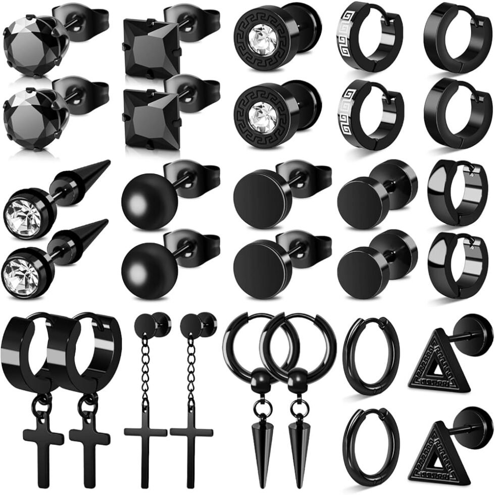 Men Earrings Set of 15, Black Earrings for Men Stainless Steel Set Hypoallergenic Cross Dangle Hinged Earrings Set Gifts for Men Women Fashion Jewelry Fathers Day Gift