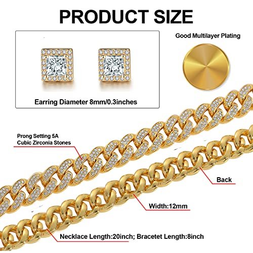 Mens Chains Diamond Cuban Link Chain Necklace Bracelets Set for Men Women Bling Bling Hip Hop Jewelry