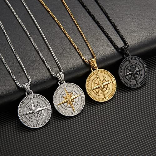 Men's Compass Pendant Necklace Stainless Steel Navigator Forged for Male Jewelry