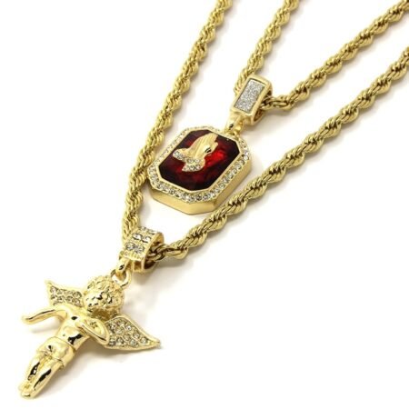 Mens Gold Angel & P Ruby Bundle Set Cz Pendant Hip Hop 24" & 30" Rope Chain D463