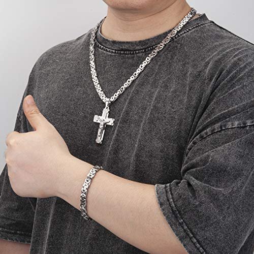 Mens Stainless Steel Silver Gold Jesus Cross Pendant Necklace Chain Bracelet Set Jewelry 45/50/55/60/65/70/75cm