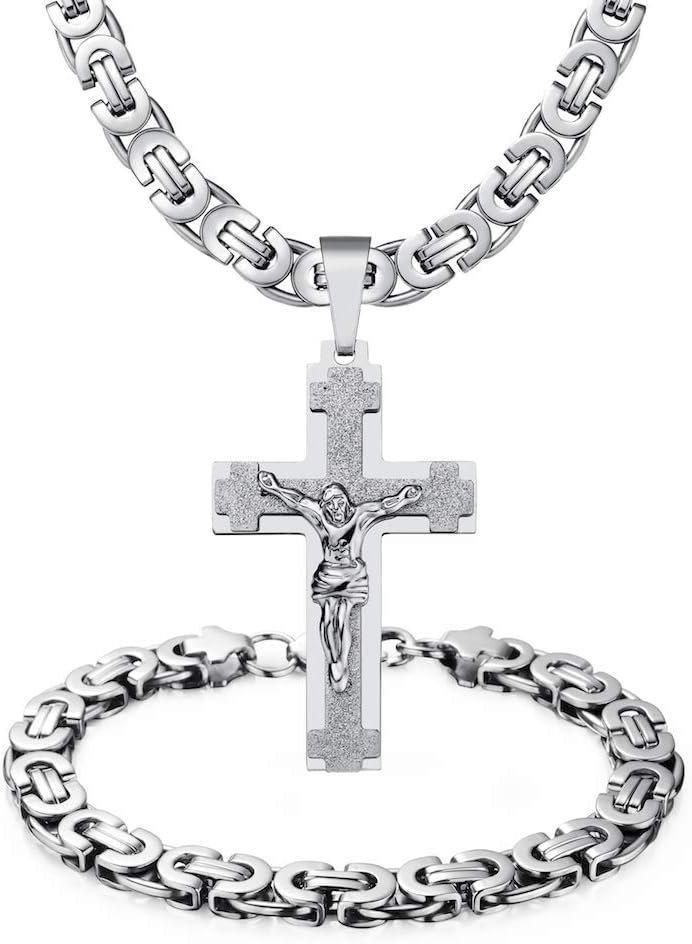 Mens Stainless Steel Silver Gold Jesus Cross Pendant Necklace Chain Bracelet Set Jewelry 45/50/55/60/65/70/75cm