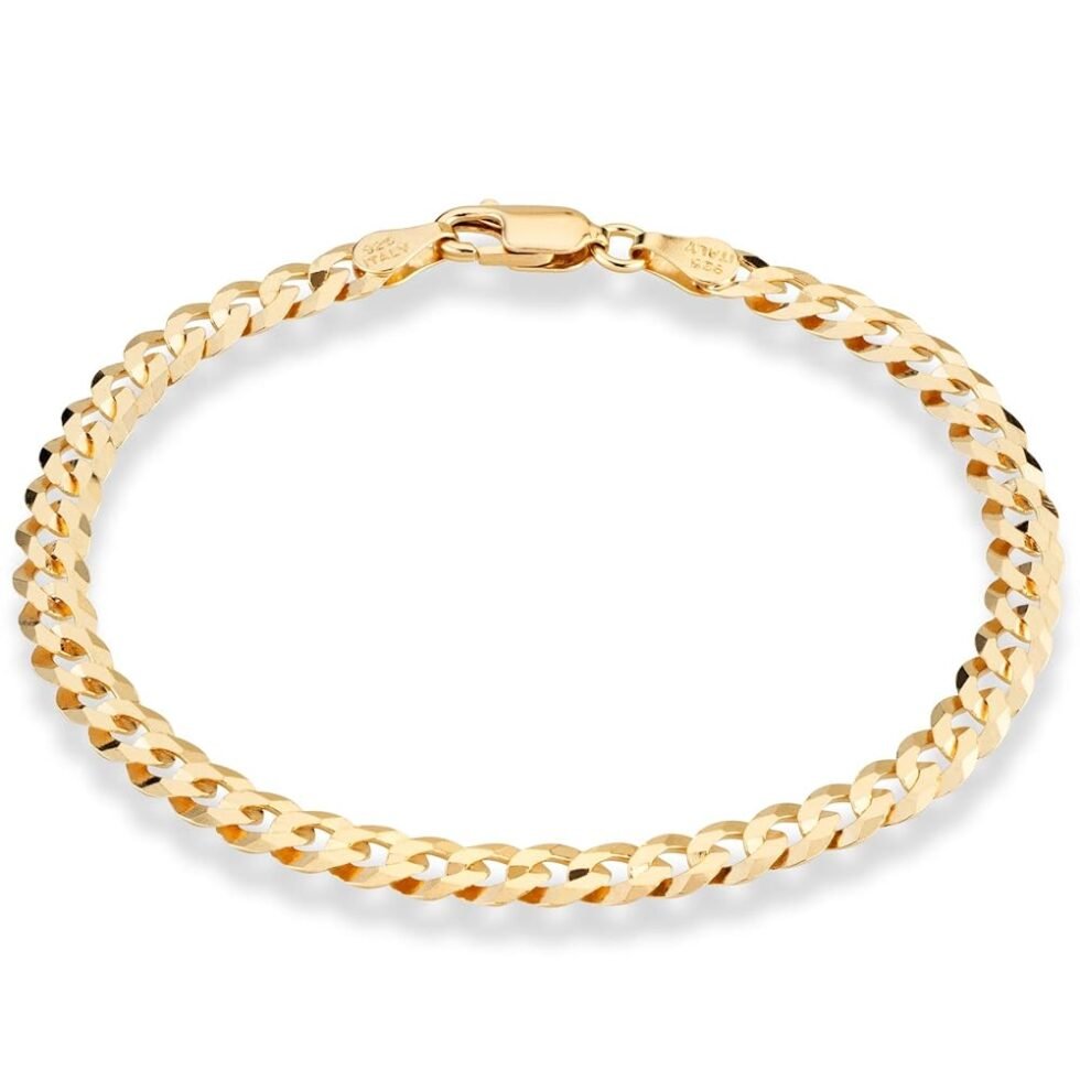 Miabella 18K Gold Over Sterling Silver Italian 5mm Solid Diamond-Cut Cuban Link Curb Chain Bracelet for Men Women, 925 Made in Italy