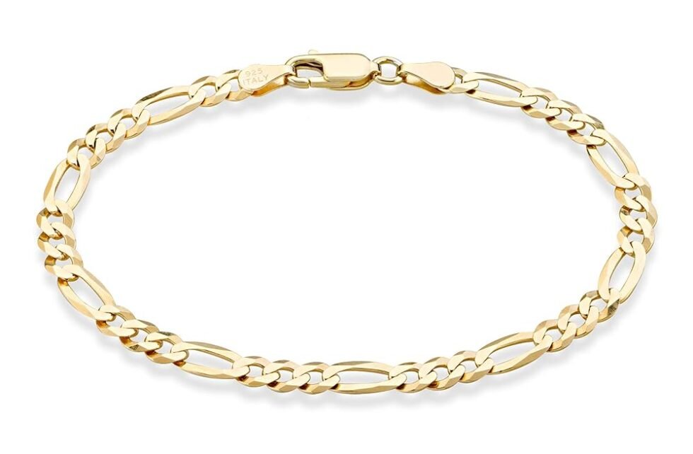 Miabella Solid 18K Gold Over Sterling Silver Italian 5mm Diamond-Cut Figaro Chain Bracelet for Women Men, 925 Made in Italy