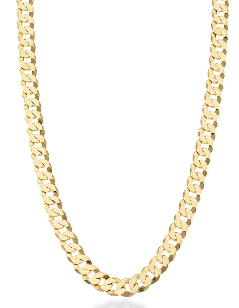 Miabella Solid 18K Gold Over Sterling Silver Italian 7mm Diamond-Cut Cuban Link Curb Chain Necklace for Men Women