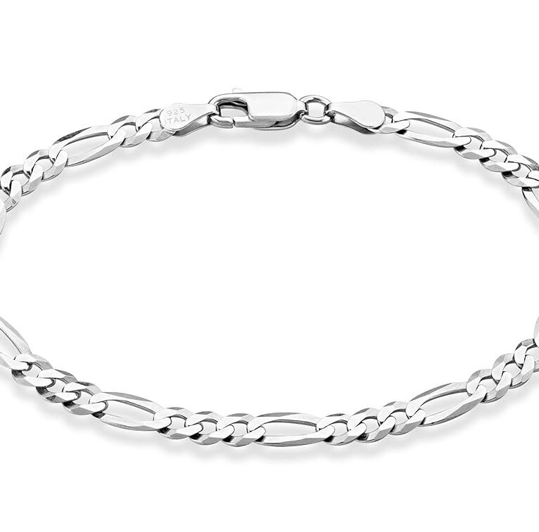 Miabella Solid 925 Sterling Silver Italian 5mm Diamond-Cut Figaro Chain Bracelet for Women Men, Made in Italy