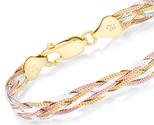 Miabella Tri-Color 18K Gold Over 925 Sterling Silver Italian 6-Strand 7mm Braided Herringbone Chain Bracelet for Women, Made in Italy