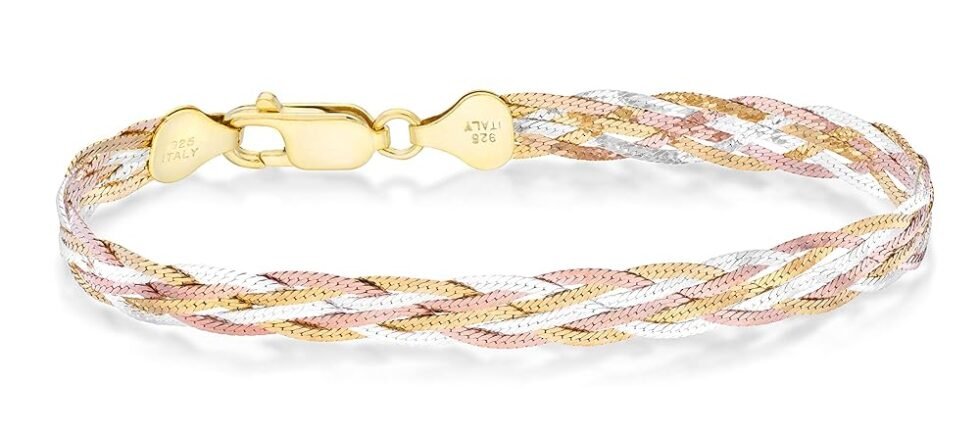 Miabella Tri-Color 18K Gold Over 925 Sterling Silver Italian 6-Strand 7mm Braided Herringbone Chain Bracelet for Women, Made in Italy