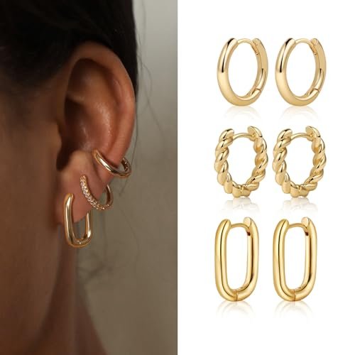 MIDEEO Gold/Silver Chunky Hoop Earrings Set for Women, 14K Gold Plated Twisted Huggie Hoop Earring Hypoallergenic Thick Open Lightweight Chunky Hoop Earrings Jewelry for Gifts