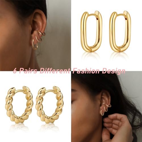 MIDEEO Gold/Silver Chunky Hoop Earrings Set for Women, 14K Gold Plated Twisted Huggie Hoop Earring Hypoallergenic Thick Open Lightweight Chunky Hoop Earrings Jewelry for Gifts