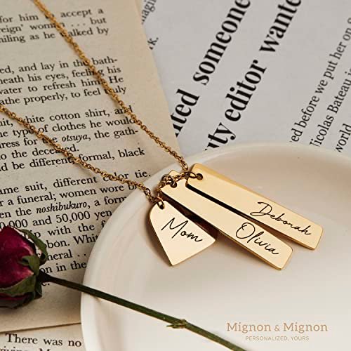 MignonandMignon Custom Name Necklace Kids Personalized Mother's Day Gift Gold Bar Engraved Jewelry Birthday Heart Charm Best Unique for Women -H8N
