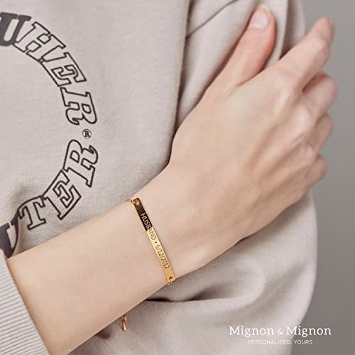 MignonandMignon Gold Name Bar Engraved Bracelet Personalized Mother's Day Gift for Women Handmade Friendship Anniversary Bridesmaid Wedding Jewelry Birthday Graduation -12BR