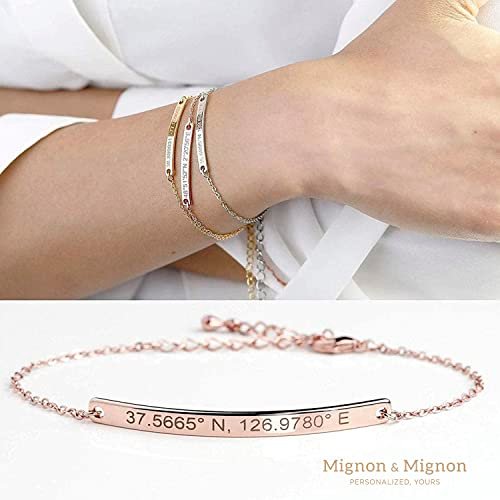 MignonandMignon Gold Name Bar Engraved Bracelet Personalized Mother's Day Gift for Women Handmade Friendship Anniversary Bridesmaid Wedding Jewelry Birthday Graduation -12BR