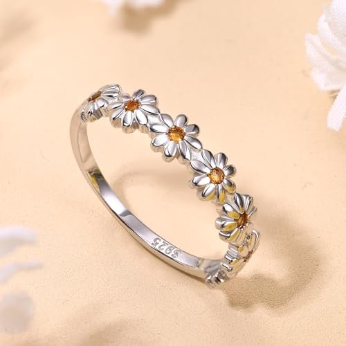 MILACOLATO 925 Sterling Silver Ring 18K Gold Plated Daisy Flower Ring Paved with Coloful Cubic Zirconia High Polished Comfort Fit Sunflower Stacking Statement Wedding Band Ring...