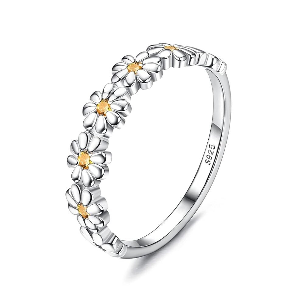MILACOLATO 925 Sterling Silver Ring 18K Gold Plated Daisy Flower Ring Paved with Coloful Cubic Zirconia High Polished Comfort Fit Sunflower Stacking Statement Wedding Band Ring...