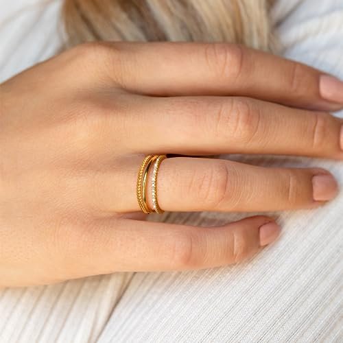 Moodear 3PCS Thin Stackable Ring Set - Dainty 14K Gold Plated Thumb CZ Rings for Women Non Tarnish Size 5-12