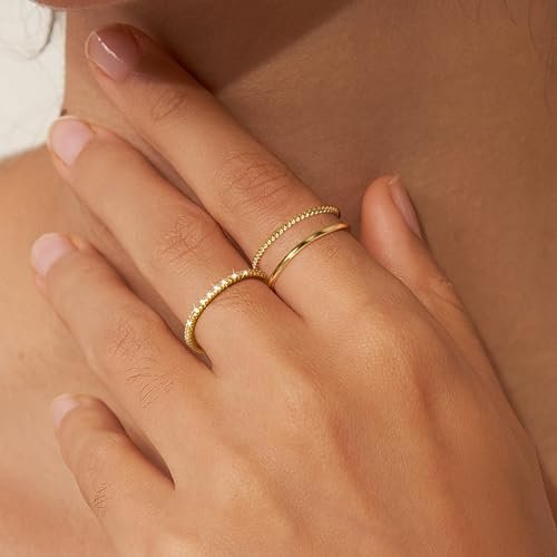 Moodear 3PCS Thin Stackable Ring Set - Dainty 14K Gold Plated Thumb CZ Rings for Women Non Tarnish Size 5-12