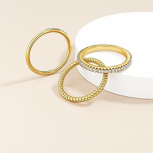 Moodear 3PCS Thin Stackable Ring Set - Dainty 14K Gold Plated Thumb CZ Rings for Women Non Tarnish Size 5-12