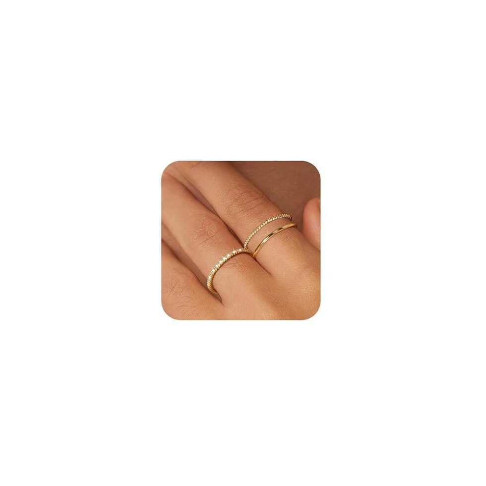 Moodear 3PCS Thin Stackable Ring Set - Dainty 14K Gold Plated Thumb CZ Rings for Women Non Tarnish Size 5-12