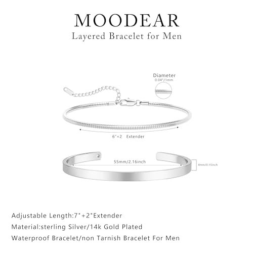 Moodear Stackable Bracelets for Men - Dainty 925 Sterling Silver/14K Gold Plated Cuff Snake Box Cuban Link Chain Bangle Bracelet Set Mens Jewelry