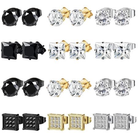 NEWITIN 12 Pairs Stainless Steel Stud Earrings for Men Hypoallergenic Earrings Inlaid Cubic Zirconia Men Earrings Hoop Earrings Stud Earrings for Women Men