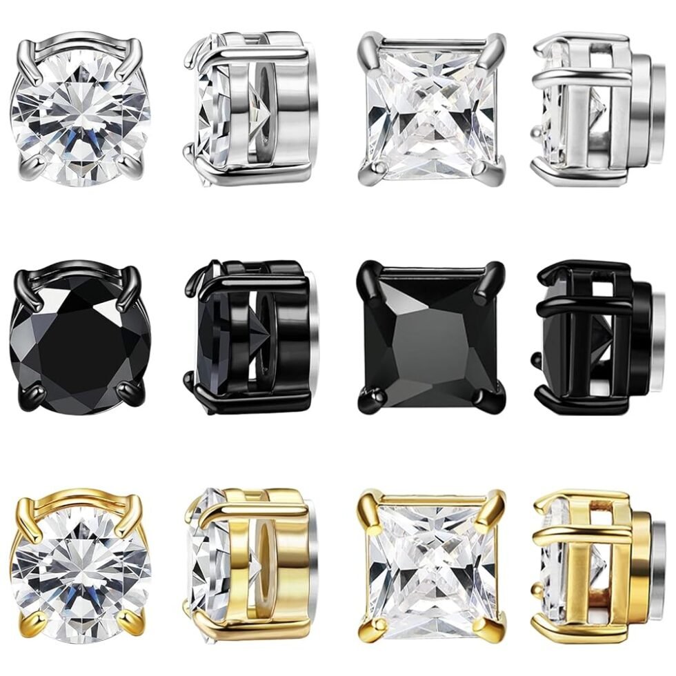 NEWITIN 6 Pairs Stainless Steel Magnetic Stud Earrings for Men Magnetic Earrings Men Clip on Earrings Non Piercing Earrings Unisex CZ Magnetic Earrings Diamond Earrings for...