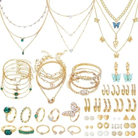 NEWITIN 72 Pieces Gold Jewelry Set for Women Fashion Costume Jewelry Gold Plated Necklace Bracelet Gold Earrings Set for Women